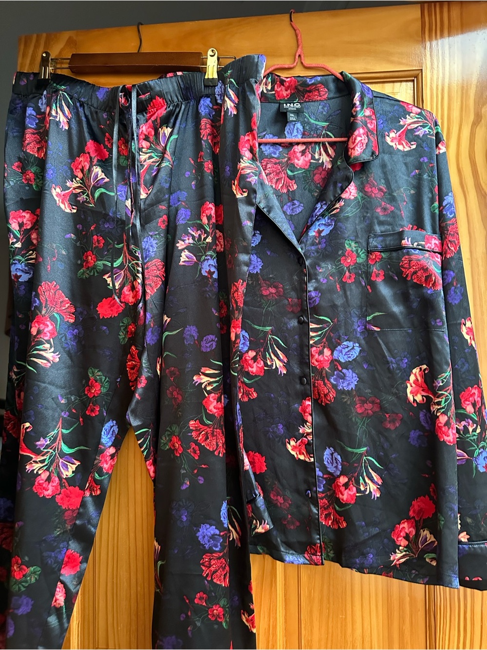 I.N.C. Black Floral Satin Pajama Set - Red & Purple Flowers